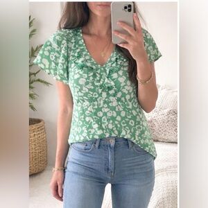Green Floral Ruffle V-Neck Top